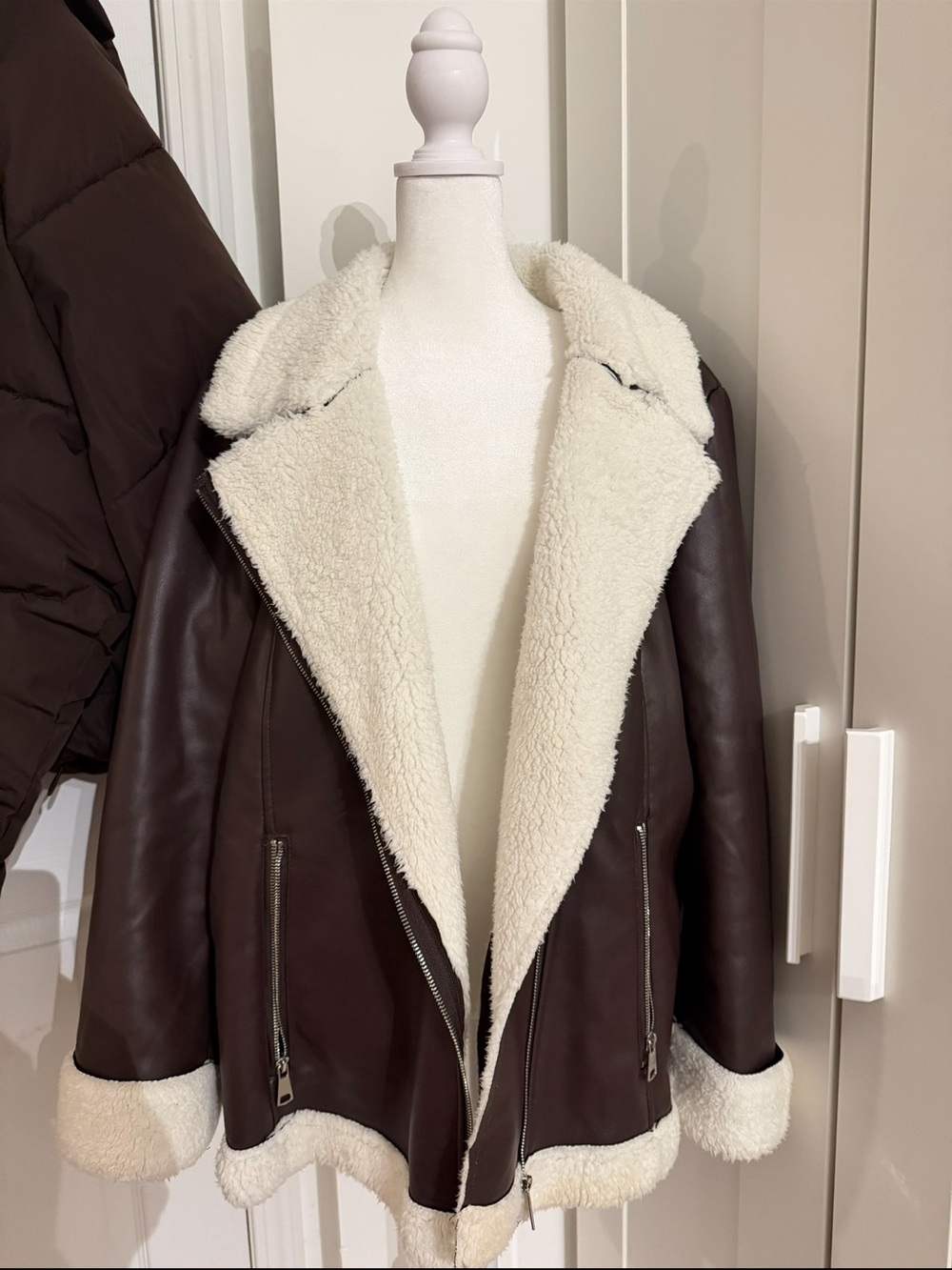 Nina Leonard Brown Faux Leather Aviator Jacket with Cream Shearling - Picture 2 of 3